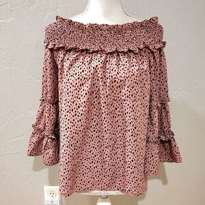 And The Why Pink Brown Spotted Smocked Neck Blouse Size Small Ruffle Sleeve